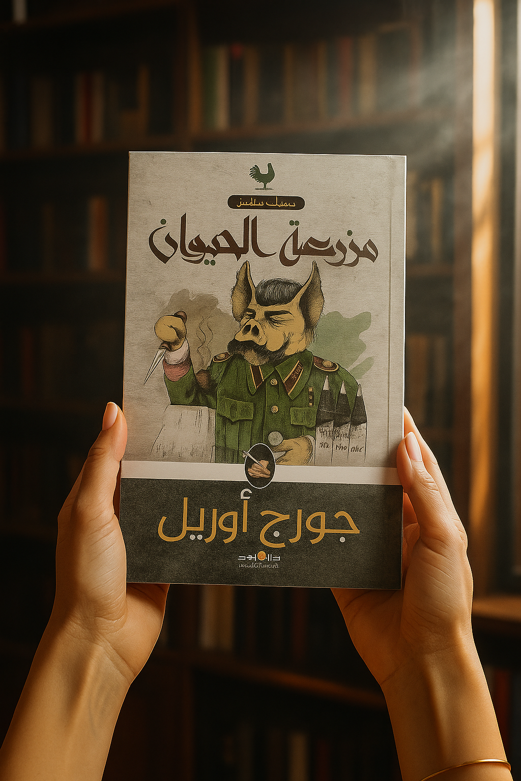 Book held by hands with a dark background