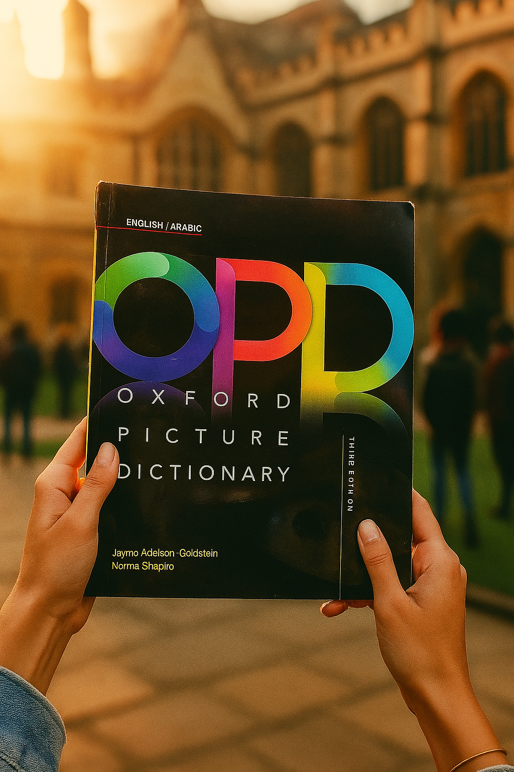 Person holding the Oxford Picture Dictionary in front of a building