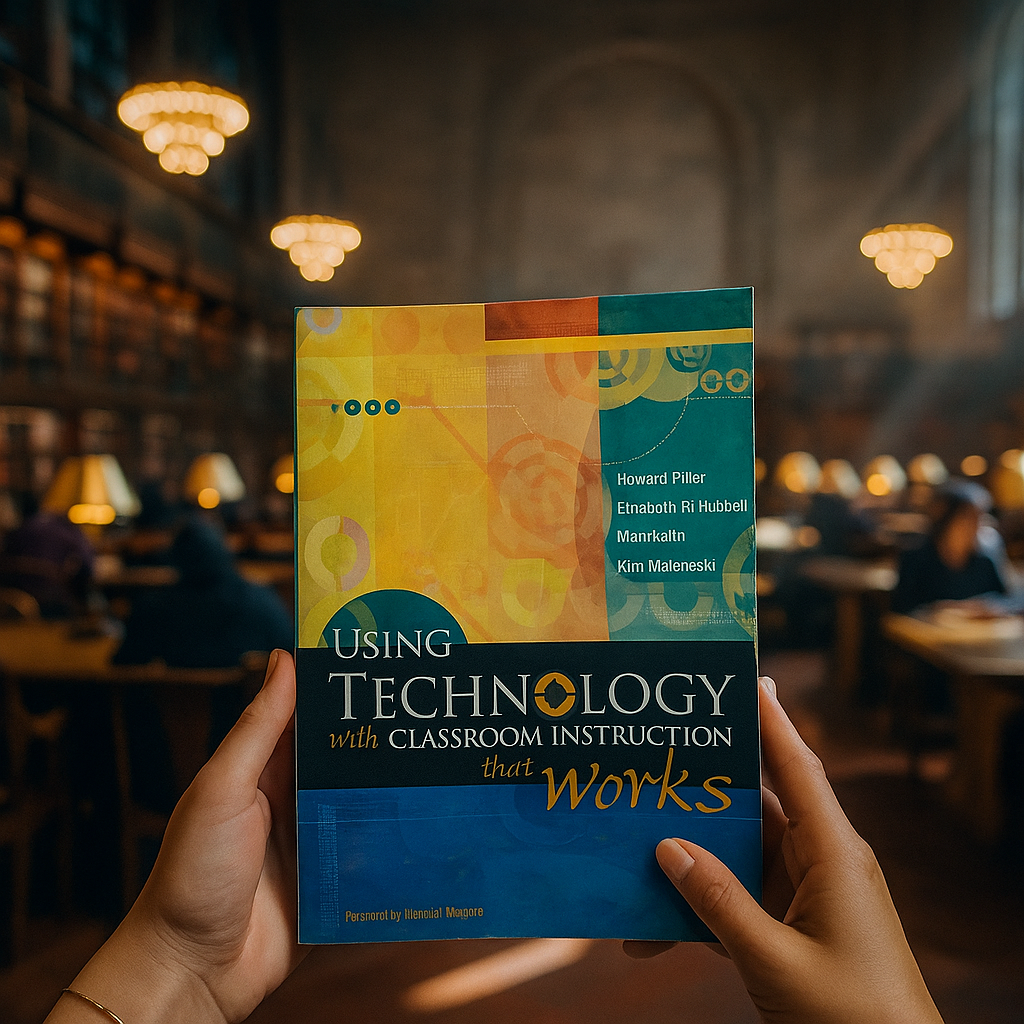 Book titled 'Using Technology with Classroom Instruction that Works' held in a library setting.