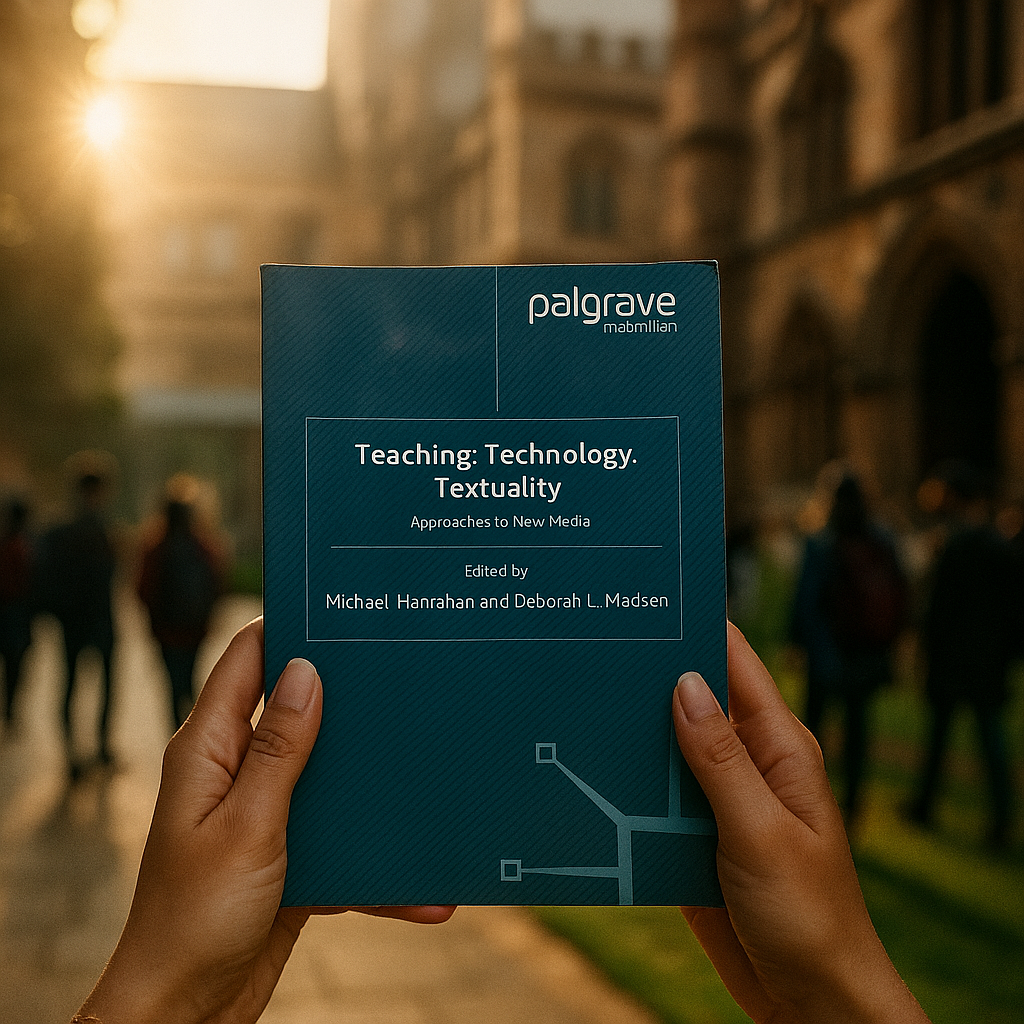 Book titled 'Teaching. Technology. Textuality' by Palgrave held in front of a blurred outdoor background.