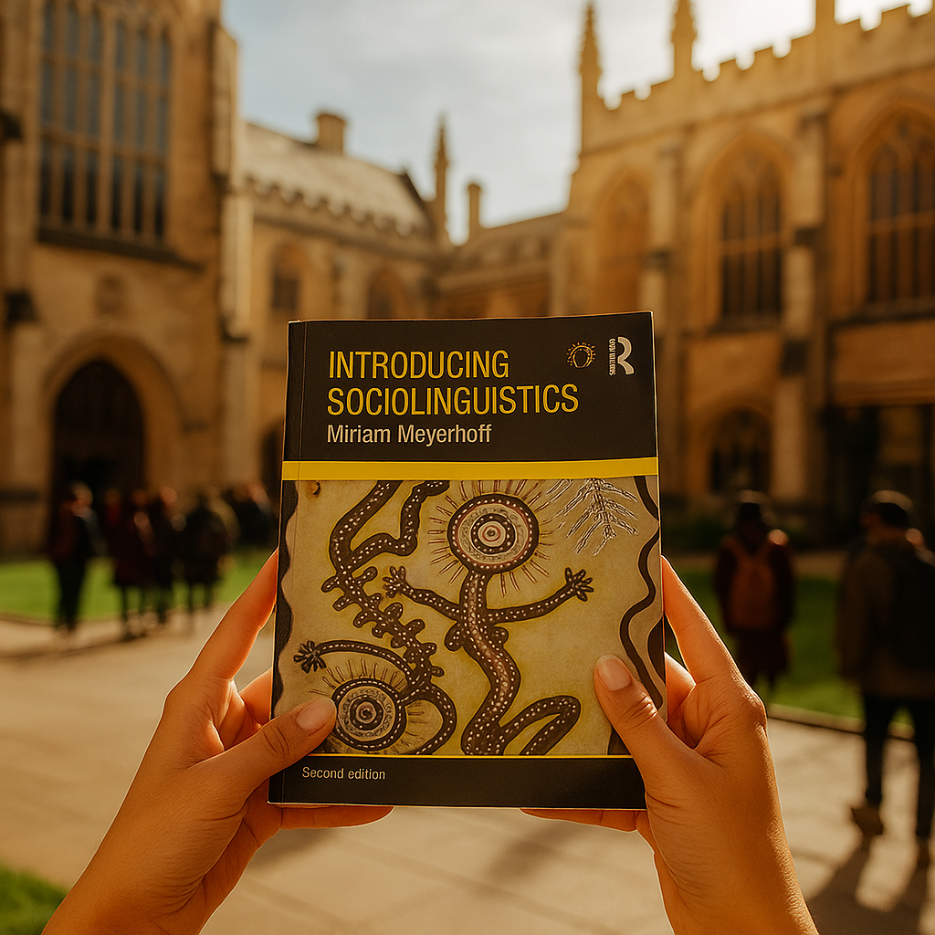 Book titled 'Introducing Sociolinguistics' held in front of a university building.