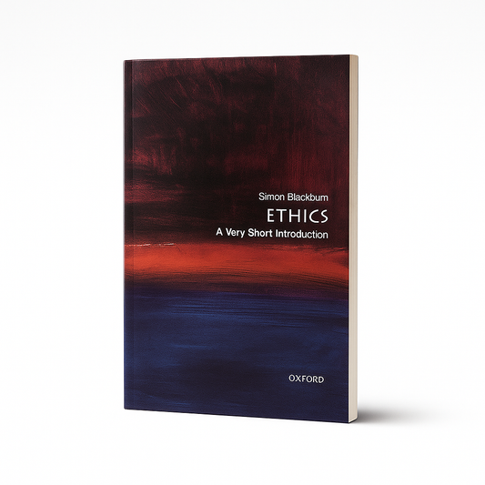 Book titled 'Ethics: A Very Short Introduction' by Simon Blackburn with a red and blue abstract design on the cover.