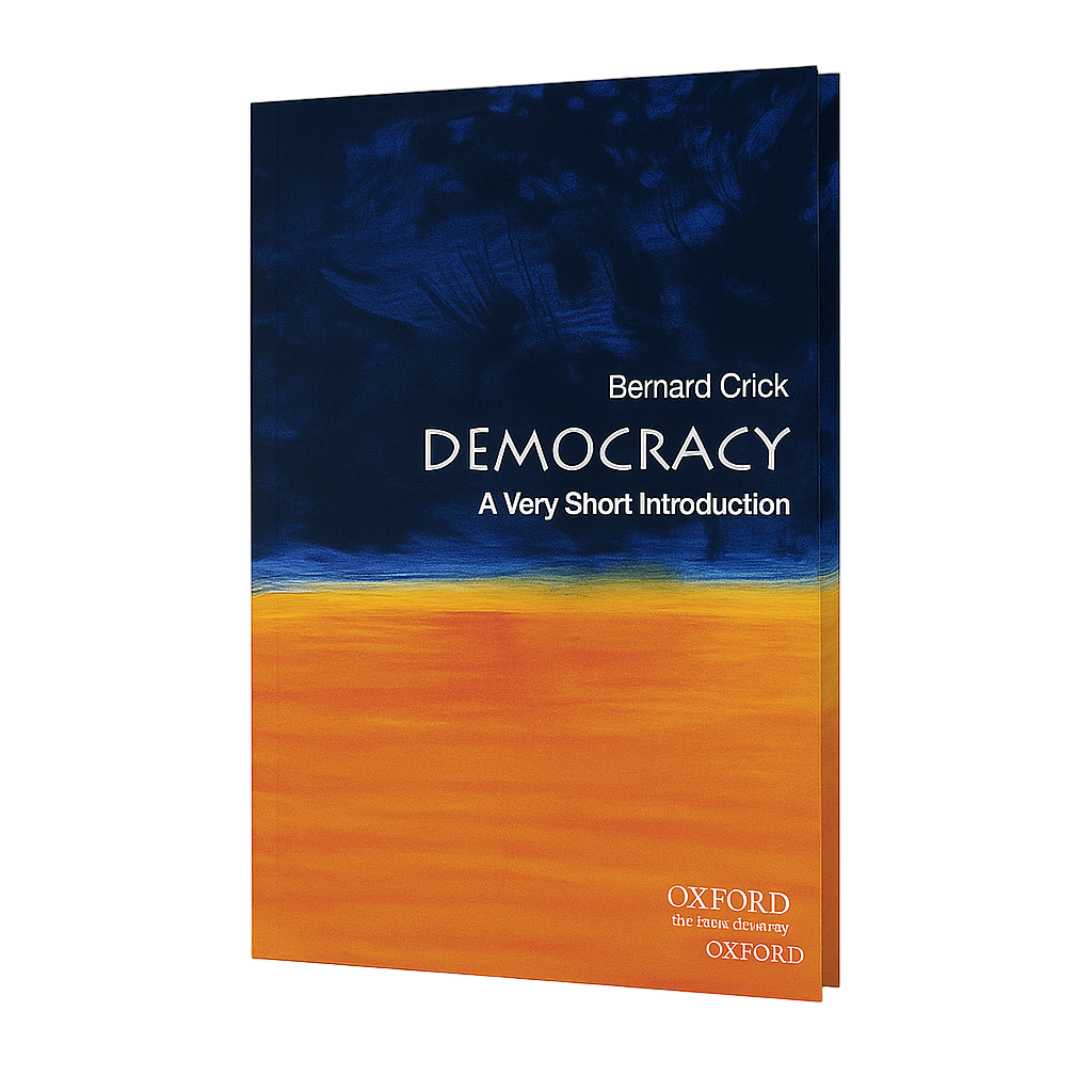 Book cover of 'Democracy: A Very Short Introduction' by Bernard Crick with a blue and orange design.