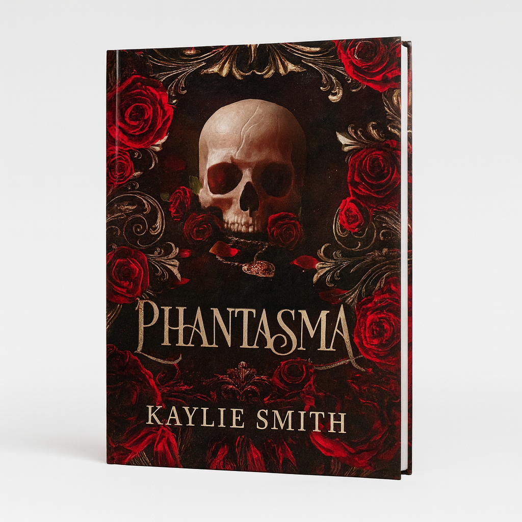 Book cover with skull and red roses design, featuring the title 'Phantasma' and author 'Kaylie Smith'.