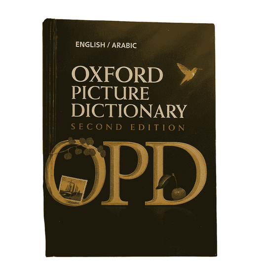 Oxford Picture Dictionary book held by hands with a blurred background