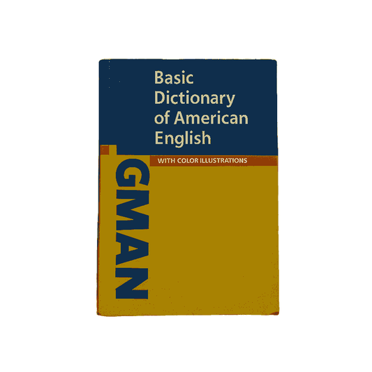 Person holding a 'Longman Basic Dictionary of American English' in a library setting